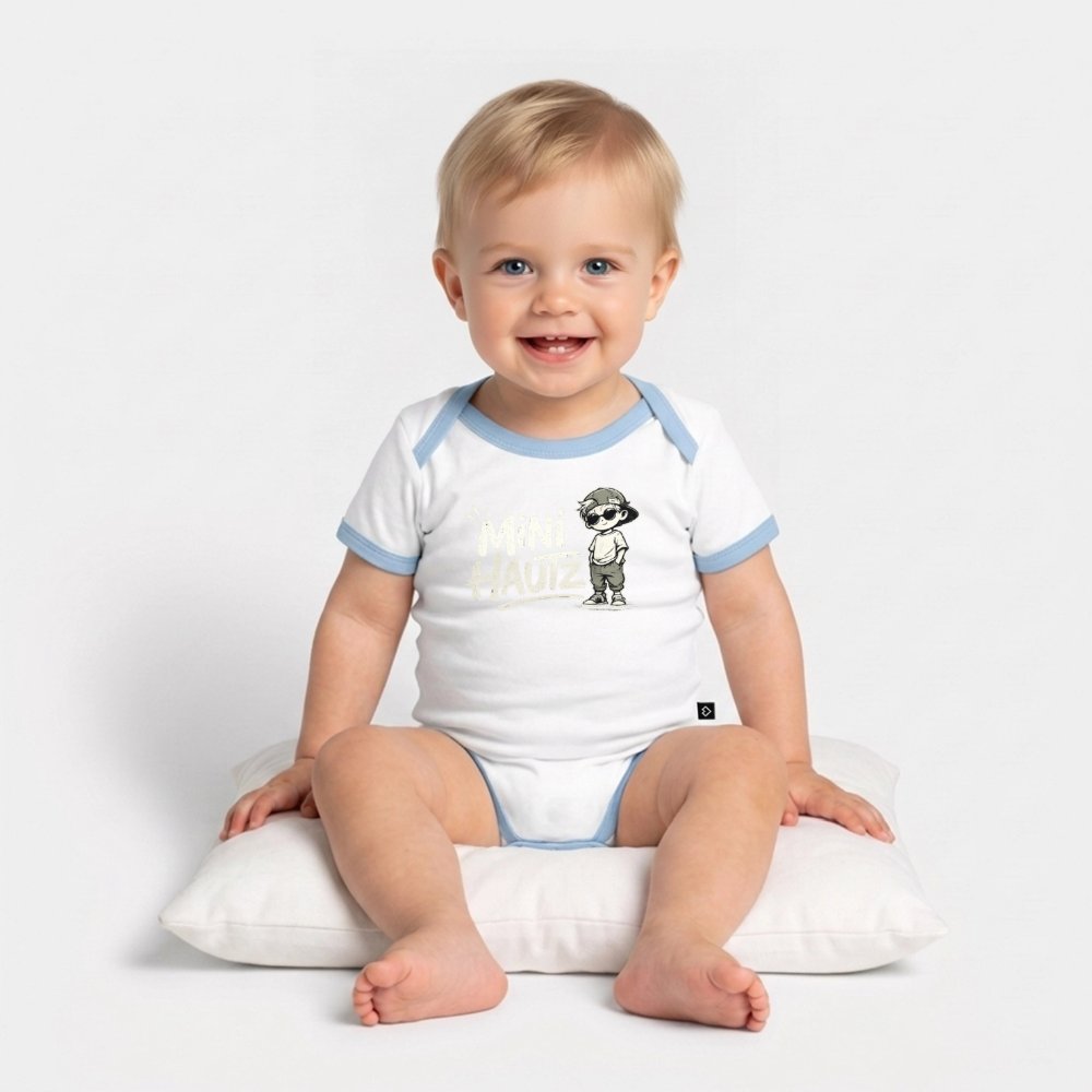 Mini Hautz Baby Bio-Kurzarm-Kontrastbody - Weiß/Hellblau 